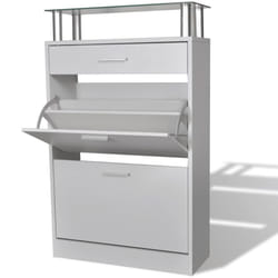 vidaXL Shoe Cabinet with a Drawer and a Top Glass Shelf Wood White Storage