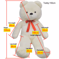 vidaXL Soft Plush Teddy Bear Toy White 135cm XXL Kids Stuffed Fluffy Animal