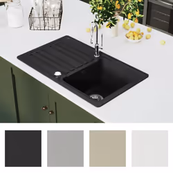 vidaXL Granite Kitchen Sink Single Basin with Drainer Reversible Black Fixture