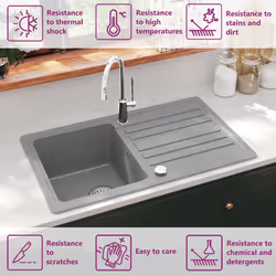 vidaXL Granite Kitchen Sink Single Basin with Drainer Reversible Grey Fixture