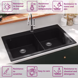 vidaXL Overmount Kitchen Sink Double Basin Granite Black Plumbing Fixture