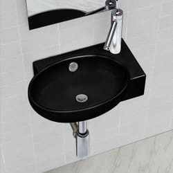 vidaXL Ceramic Bathroom Sink Basin Faucet/Overflow Hole Black Round Wall Hung