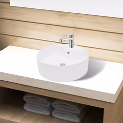 vidaXL Ceramic Bathroom Sink Basin Faucet/Overflow Hole White Round Fixture