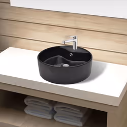 vidaXL Ceramic Bathroom Sink Basin Faucet/Overflow Hole Black Round Fixture