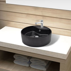 vidaXL Ceramic Bathroom Sink Basin Faucet/Overflow Hole Black Round Fixture