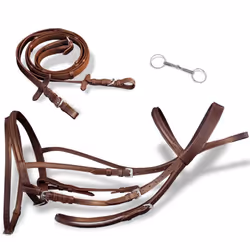 vidaXL Leather Flash Bridle with Reins and Bit Brown Pony Adjustable Length