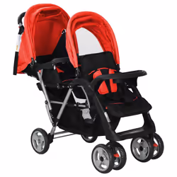 vidaXL Tandem Stroller Steel Child Toddler Baby Pram Pushchair Baby Buggy - red