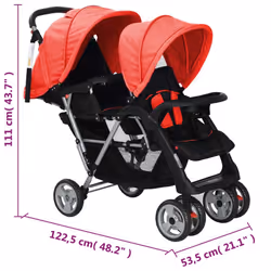 vidaXL Tandem Stroller Steel Child Toddler Baby Pram Pushchair Baby Buggy - red