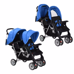 vidaXL Tandem Stroller Steel Child Toddler Baby Pram Pushchair Baby Buggy - blue