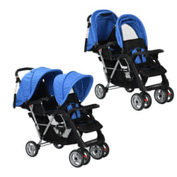 vidaXL Tandem Stroller Steel Child Toddler Baby Pram Pushchair Baby Buggy - blue