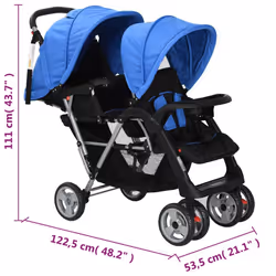 vidaXL Tandem Stroller Steel Child Toddler Baby Pram Pushchair Baby Buggy - blue - Additional view 7