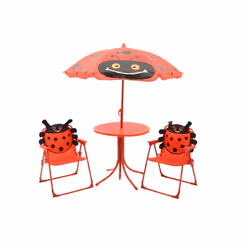Kids Ladybird Patio Furniture Set Table Chairs & Parasol 4 Piece Red