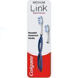 Colgate Link Manual Toothbrush Whitening Starter Kit Including 1 Premium Aluminium Handle & 2 Whitening Replacement Brush Heads Medium, Navy, Stain
