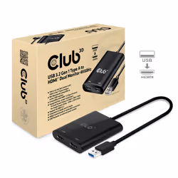 CLUB3D USB A to HDMI™ 2.0 Dual Monitor 4K 60Hz, HDMI, 3840 x 2160 pixels, Black, 60 Hz, 0.27 m, RoHS, CE, WEEE