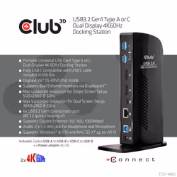 CLUB3D USB3.2 Gen1 Type A or C Dual Display 4K60Hz Docking Station DisplayLink® Certified - Additional view 8