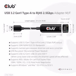 CLUB3D USB 3.2 Gen1 Type A to RJ45 2.5Gbps Adapter - Additional view 5