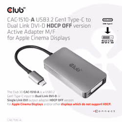 CLUB3D USB3.2 Gen1 Type-C to Dual Link DVI-D HDCP OFF version Active Adapter M/F for Apple Cinema Displays - Additional view 4