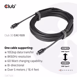 CLUB3D USB 3.2 Gen2 Type C to C Active Bi-directional Cable 8K60Hz M/M 5m/16.4ft - Additional view 5
