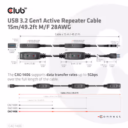 CLUB3D USB 3.2 Gen1 Active Repeater Cable 15m/ 49.2 ft M/F 28AWG - Additional view 5