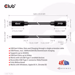 CLUB3D USB Gen1 Type-C Extension Cable 5Gbps 60W(20V/3A) 4K60Hz M/F 2m/6.56ft - Additional view 4