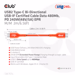 CLUB3D USB2 Type-C Bi-Directional Cable, Data 480Mb,PD 240W(48V/5A) EPR M/M 2m - Additional view 7