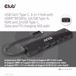CLUB3D USB Gen1 Type-C, 6-in-1 Hub with HDMI 8K30Hz, 2xUSB Type-A, RJ45 and 2xUSB Type-C, Data and PD charging 100 watt - Additional view 7