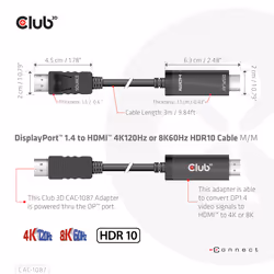 CLUB3D DisplayPort 1.4 to HDMI 4K120Hz or 8K60Hz HDR10 Cable M/M 3m/9.84ft - Additional view 4