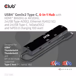 CLUB3D USB4™ Gen3x2 Type-C, 6-in-1 Hub with HDMI™ 8K60Hz or 4K120Hz, 2xUSB Type-A(10G), Ethernet RJ45(2.5G) and 2xUSB Type-C, 1x Data(10G) and 1xPD3.0 charging 100 watt - Additional view 7