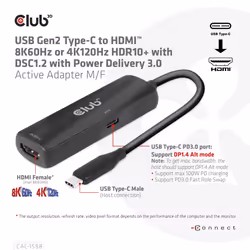 CLUB3D USB Gen2 Type-C to HDMI™ 8K60Hz or 4K120Hz HDR10+ with DSC1.2 with Power Delivery 3.0 Active Adapter M/F - Additional view 5