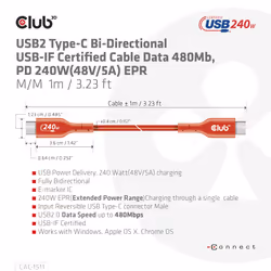 CLUB3D USB2 Type-C Bi-Directional USB-IF Certified Cable Data 480Mb, PD 240W(48V/5A) EPR M/M 1m / 3.23 ft - Additional view 7
