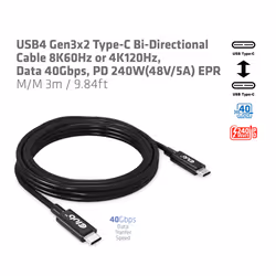 CLUB3D USB4 Gen3x2 Type-C Bi-Directional Cable 8K60Hz or 4K120Hz, Data 40Gbps, PD 240W(48V/5A) EPR M/M 3m / 9.84ft - Additional view 5