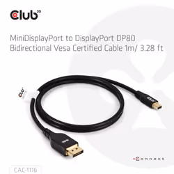 CLUB3D Mini DisplayPort™ to DisplayPort™ Bi-Directional VESA DP80 Certified Cable M/M 1m/3.28ft