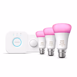 Philips Hue White and colour ambience Starter kit: 3 B22 smart bulbs (1100) + smart button, Smart lighting kit, Bluetooth/Zig ...