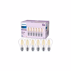 Philips Filament Bulb Clear 60W A60 E27 x6, 7 W, 60 W, E27, 850 lm, 15000 h, Cool white