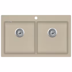 vidaXL Granite Kitchen Sink Double Basins Beige Basket Strainer Basin Bowl