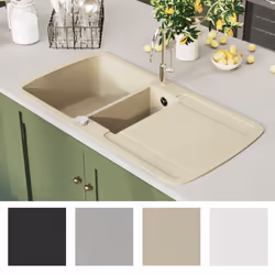 vidaXL Granite Kitchen Sink Double Basins Beige Basket Strainer Basin Bowl - Additional view 7