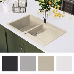 vidaXL Granite Kitchen Sink Double Basins Beige Basket Strainer Basin Bowl - Additional view 7