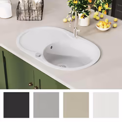 vidaXL Granite Kitchen Sink Single Basin Oval White Basket Strainer Basin