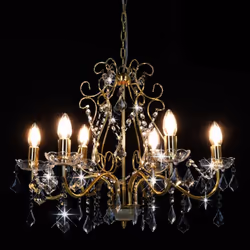 vidaXL Chandelier with Crystal Beads Golden Round 6xE14 Living Room Lamp Light
