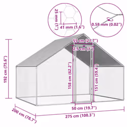 vidaXL Outdoor Chicken Cage 2m Galvanised Steel Silver Frame Grey Roof Coop