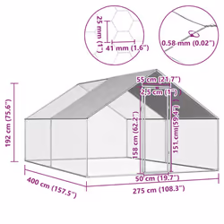 vidaXL Outdoor Chicken Cage 4m Galvanised Steel Silver Frame Grey Roof Coop - Additional view 3