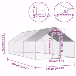vidaXL Outdoor Chicken Cage 6m Galvanised Steel Silver Frame Grey Roof Coop - Additional view 3