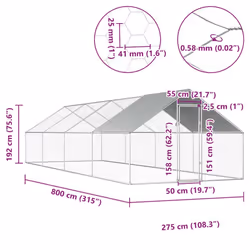 vidaXL Outdoor Chicken Cage 8m Galvanised Steel Silver Frame Grey Roof Coop - Additional view 3