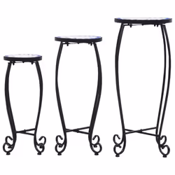 vidaXL 3x Mosaic Tables Round Blue & White Ceramic Plant Desks Garden Balcony