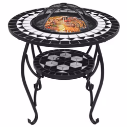vidaXL Mosaic Fire Pit Table Black and White Ceramic Barbecue BBQ Fireplace