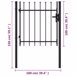 vidaXL Fence Gate Single Door with Spike Top Steel 1x1m Black Patio Barrier - Additional view 3