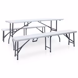 vidaXL Folding Garden Table with 2 Benches Steel and HDPE White Patio Set