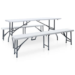 vidaXL Folding Garden Table with 2 Benches Steel and HDPE White Patio Set