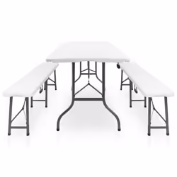 vidaXL Folding Garden Table with 2 Benches Steel and HDPE White Patio Set
