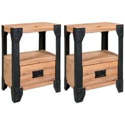 vidaXL 2x Solid Acacia Wood Nightstands Steel Bedside Table Side Small Cabinet